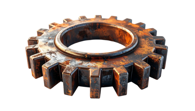A heavily rusted, metallic gear with a central hole and visible wear, isolated on a black background