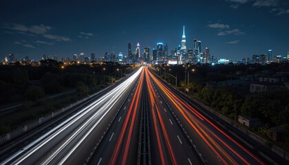 Obraz premium At night, fast light trails intersect the highway with the metropolitan skyline.