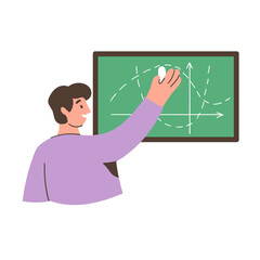 Vector illustration of teacher writing mathematical graph on chalkboard in classroom. Education and learning concept. Flat simple hand drawn doodle design. Back to school banner