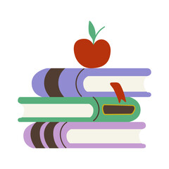 Vector illustration of a stack of colorful books topped with a red apple, educational banner, children's books or academic materials. Flat simple hand drawn doodle design.