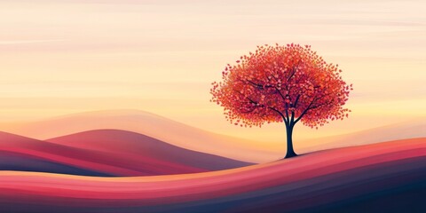 Tree stands in a field of red grass. The sky is a mix of pink and blue