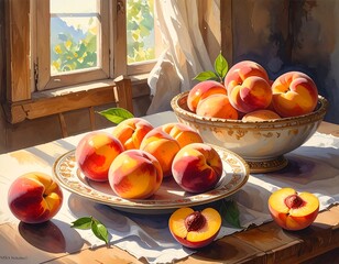 Peaches in a bowl, sunlit still life