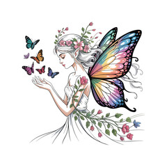 Obraz premium Rainbow Winged Fairy Silhouette Illustration with Butterflies Vector Art A Colorful Black Design for Nature Inspired Projects