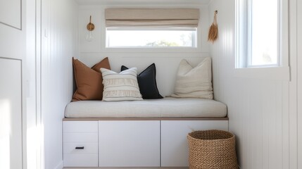 Scandinavian-inspired tiny house book with a cozy seat, clean lines, light colors, and clever storage solutions for a bright, airy feel