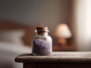 Tranquil scene featuring a glass jar filled with fragrant dried flowers on a rustic wooden table. Evokes calmness, wellness, and natural beauty. Ideal for spa or home.