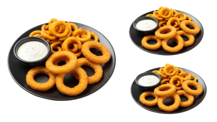 Three black plates of fried onion rings and curly fries with dipping sauce
