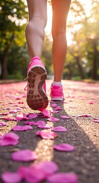 Pink Ribbon Race: Running for Breast Cancer Awareness running on the road, A close-up of a runner's foot stepping onto a vibrant path decorated with pink petals in a sunny outdoor setting. 