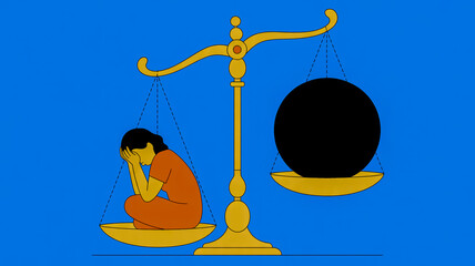 Woman sitting on scale pan, head in hands, balanced against a large black sphere person female