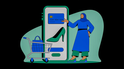 Woman in Hijab Shopping Online Using a Smartphone and Credit Card muslim