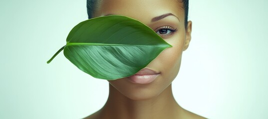 Young woman posing with a green leaf covering her face, showcasing beauty and nature themes.