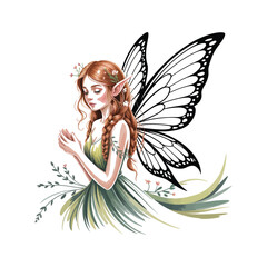 Enchanting Sprite Illustration A Colorful Depiction of a Winged Being with Braided Hair and Floral Accents in a Serene Setting