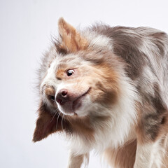 Obraz premium A Border Collie shakes its head, causing its long fur to swirl around its face. The movement captures a sense of motion and energy, making the dog look playful and fun-loving.
