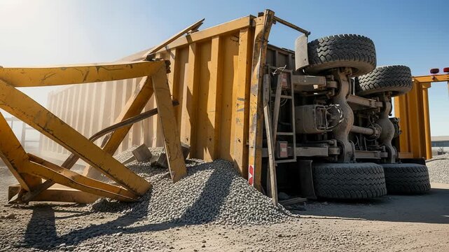Large yellow construction truck overturned at job site with gravel spilled and metal beams twisted under bright sunlight