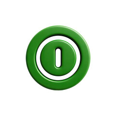 A vibrant, glossy, emerald green circular button with an inner, slightly recessed, green "O" shape
