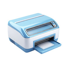Light blue and white multifunction printer, showing paper tray and output slot