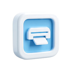 3D square icon, light blue, printer, white border, paper tray