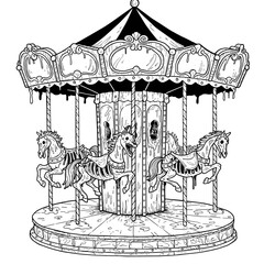 Vintage carousel with decorative horses in classic black and white  