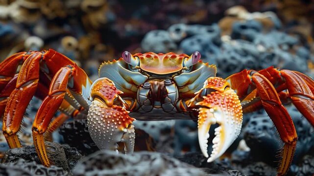 A close-up shot of a crab sitting on a rocky surface, with some seaweed and shells nearby