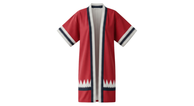 Isolated red kimono robe garment with zigzag trim, fashionable clothing design and style