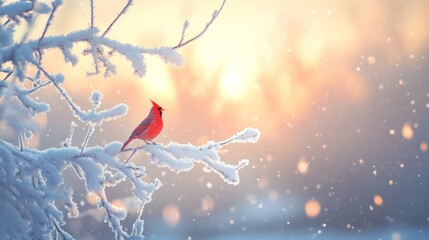 Cardinal perched on a snow-covered branch