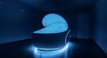 Relax In A State Of Deep Tranquility Inside This Futuristic Floatation Tank, Illuminated By Soothing Blue Light For Ultimate Wellness.