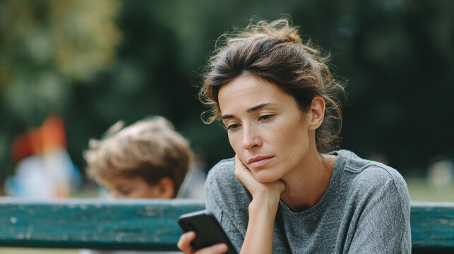 Contemplative woman with phone on a park bench, child blurred in background. Motherhood, technology, pensive mood. Perfect for articles on stress, family, lifestyle.