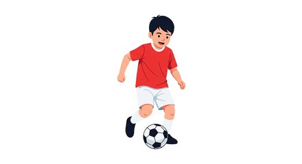 Vector image of a boy's activity in a flat 2D style, plain white background, playing soccer with a red shirt and white pants