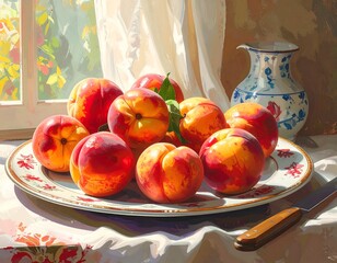 Peaches on a plate by a sunny window
