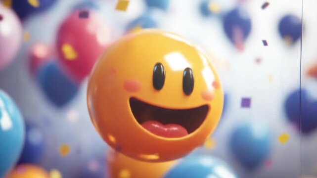 A cheerful orange balloon with a smiley face amidst colorful confetti.