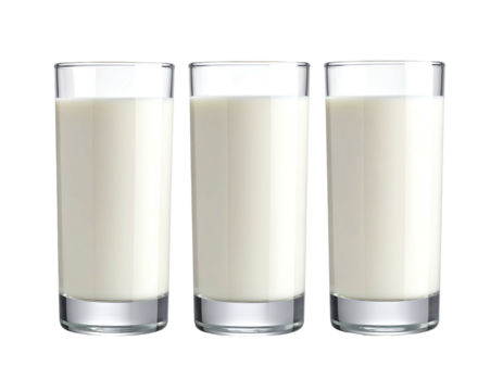 Three identical short cylindrical clear glasses filled to the same level with opaque white liquid, likely milk, stand in a row against a black background