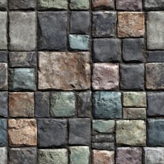Textured Seamless Medieval Cobblestone Pavement with Varied Stone Colors.