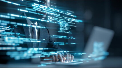 Digital Fortress: A skilled individual in a suit meticulously navigates a keyboard amidst a cascade of high-tech data streams and code, embodying the world of information, technology. - Powered by Adobe