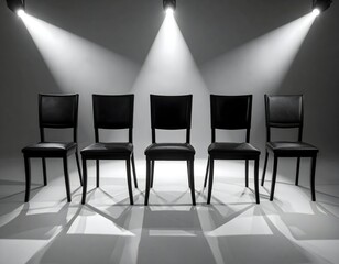 Empty black leather chairs in a row under spotlight illumination
