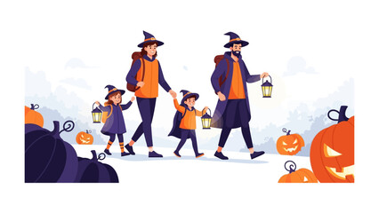 Spooky Halloween Stroll: A family strolls through a vibrant, yet ominous Halloween landscape. Carrying lanterns and wearing enchanting costumes.