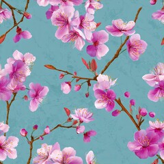 Beautiful Seamless Spring Cherry Blossoms on Teal Textured Background
