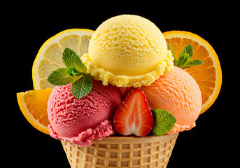 Lemon Orange Strawberry Ice Cream Cone