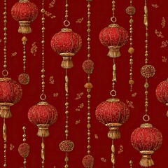 Seamless Pattern with Decorative Chinese Red and Gold Lanterns