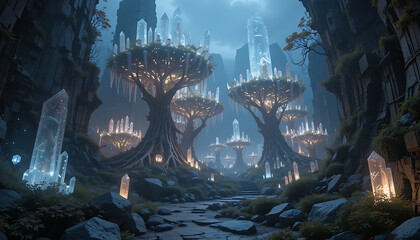 Grand fantasy citadel built among trees and crystal pillars with floating lights, ideal for high fantasy worldbuilding and RPG concept art.