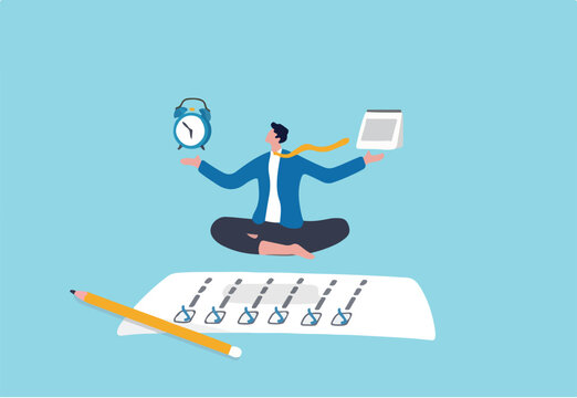 Self discipline or self control to complete work or achieve business target, time management to increase productivity concept, businessman meditate balancing clock and calendar on completed task paper