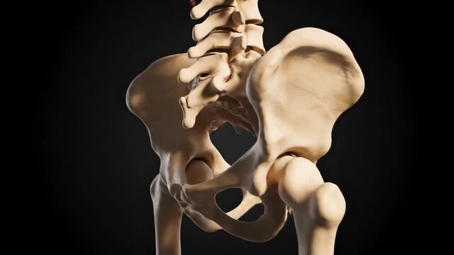Human Pelvis and Lumbar Vertebrae Skeleton on Black Background Anatomy Illustration