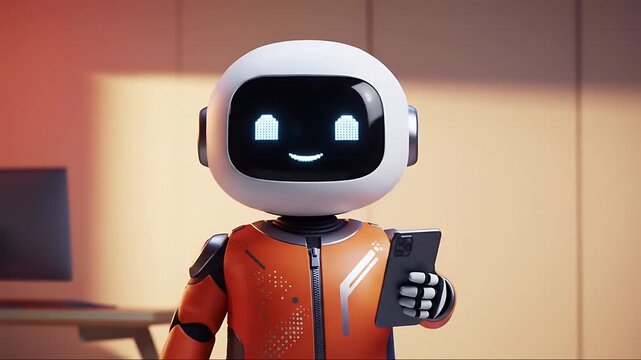 Adorable small male robot with soft rounded shapes, wearing a sleek futuristic office outfit accented with vibrant orange and subtle metallic silver details