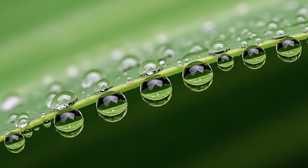 Fresh Raindrops Cling To A Vibrant Green Leaf In A Detailed Macro Composition, Highlighting Natural Beauty And Purity.