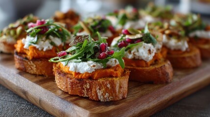 Gourmet bruschetta with ricotta, arugula, pomegranate, and nuts on a wooden board