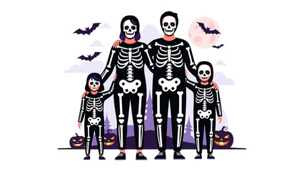 Spooky Skeleton Family: A digitally rendered depiction of a family, joyfully adorned in skeleton costumes against a playful Halloween night backdrop. 