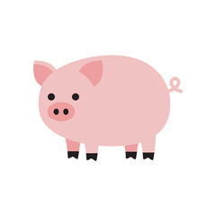 Flat vector illustration of a pink pig with round body and curly tail, simple cartoon farm animal design isolated