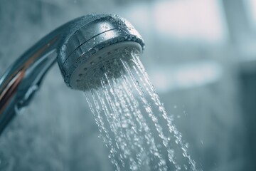 Close-up view of water flowing from a shower head in modern bathroom