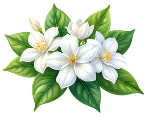 Obraz premium A vibrant illustration of three pristine white blossoms, detailed stamens, and lush green leaves arranged in a symmetrical cluster