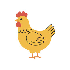 Flat vector illustration of a yellow chicken with red comb and beak, cartoon farm bird design isolated