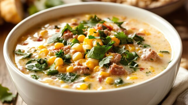 Creamy corn and sausage chowder with fresh herbs in white bowl