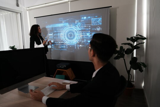 atin businesswoman programmer stands explaining a meeting dashboard with graphs and charts. Concept of data management system, business intelligence, data statistics, marketing analysis
